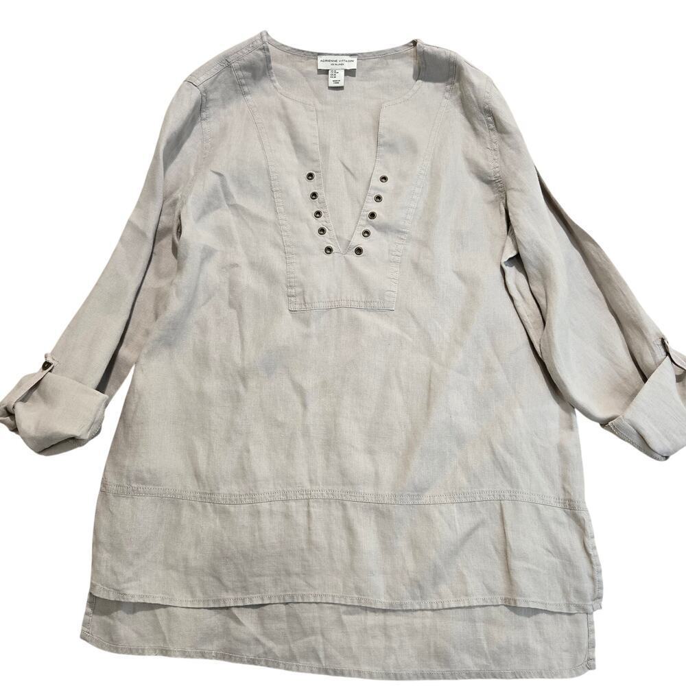 Adrienne Vittadini 100% Linen Roll-tab Sleeve Tunic Top Boho Festival Size M